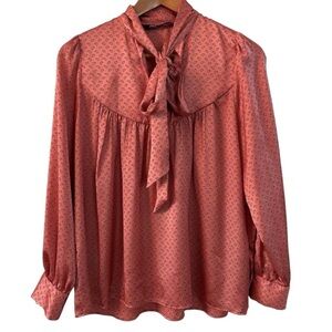 Zara Long Sleeve Satin Paisley Blouse with Tie Neck and Cut Out size Small